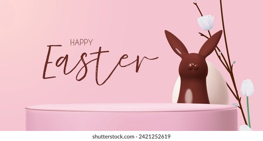 Frohe Ostern! Feiertagshintergrund mit rundem Podium, Tulpenblumen und süßem Schokoladenhasen. Osterproduktanzeige und sonnig auf rosafarbenem Hintergrund