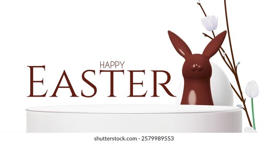 Happy Easter! Holiday background with round podium, tulip flowers and cute chocolate rabbit. Easter product display and bunny on white background