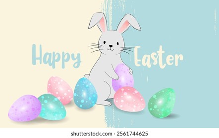 Happy Easter Holiday Banner. 3D Watercolor Easter Egg and Doodle style Hand Draw Bunny. Pastel color Vector event Rabbit. Poster and banner template with Easter eggs, Spring pastel color illustration.