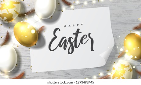 Happy Easter holiday banner. Beautiful background with realistic white and golden eggs, sparkling gold confetti, shining garlands and chicken feathers. Festive vector illustration with effect bokeh.