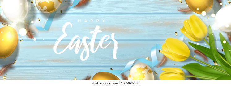 Happy Easter holiday banner. Beautiful banner with realistic white and gold Easter eggs, yellow tulips, sparkling golden confetti, satin ribbons and chicken feathers. Festive vector illustration.