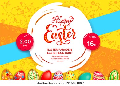 Happy Easter holiday banner. Beautiful background with realistic colored Easter eggs and tulips. Festive vector illustration.