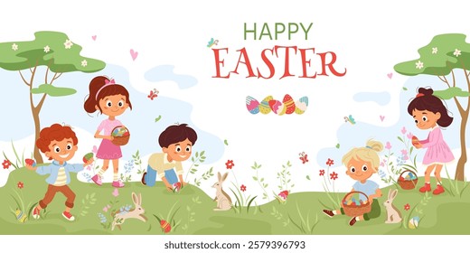 Happy Easter holiday banner with children and bunny Vector templates with boy and girl characters Cute cartoon kids design for print, party invitation, flyer, banner, cover Festive Easter eggs hunting