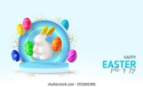 Happy Easter holiday banner. Color eggs with Easter decoration, porcelain rabbit and golden confetti on podium and neon circle. Vector illustration with 3d decorative objects.