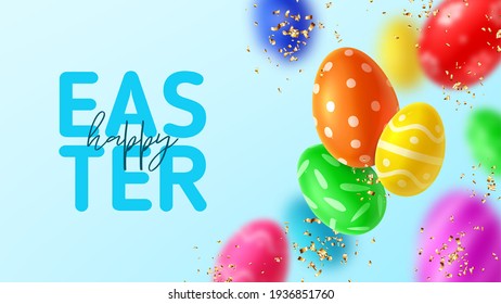 Happy Easter holiday banner. Color eggs with Easter decoration and golden confetti. Vector illustration with 3d decorative objects.