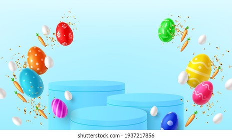 Happy Easter holiday banner. Color eggs with Easter decoration, white eggs, golden confetti and podiums. Vector illustration with 3d decorative objects. Holiday spring poster, card, cover, flyer.