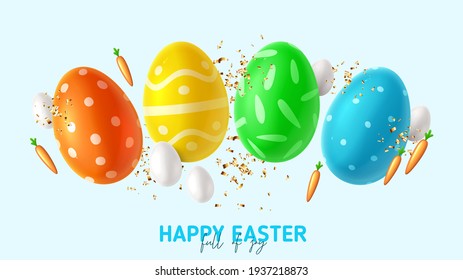 Happy Easter holiday banner. Color eggs with Easter decoration, white eggs, carrots and golden confetti. Vector illustration with 3d decorative objects.