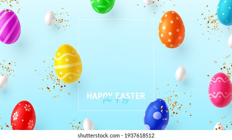 Happy Easter holiday banner. Color eggs with Easter decoration, white eggs and golden confetti . Vector illustration with 3d decorative objects. Holiday spring poster, card, cover, flyer.