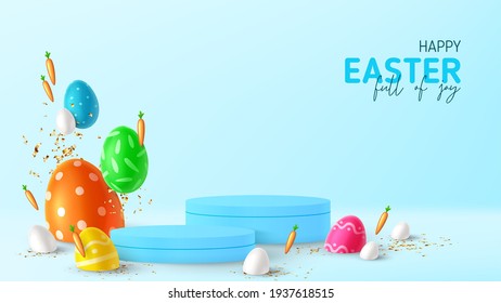 Happy Easter holiday banner. Color eggs with Easter decoration, white eggs, golden confetti and podiums. Vector illustration with 3d decorative objects. Holiday spring poster, card, cover, flyer.