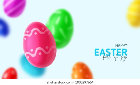 Happy Easter holiday banner. Color eggs with Easter decoration and blurred eggs. Vector illustration with 3d decorative objects.