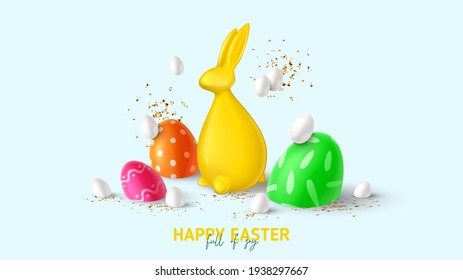Happy Easter holiday banner. Color eggs with Easter decoration, rabbit, white eggs and golden confetti. Vector illustration with 3d decorative objects. Holiday spring poster, card, cover, flyer.