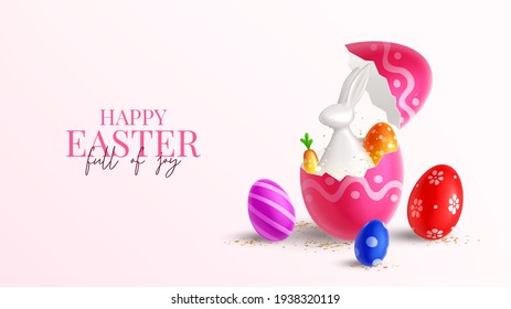 Happy Easter holiday banner. Color eggs with Easter decoration, porcelain rabbit in broken egg and golden confetti on pink background. Vector illustration with 3d decorative objects.