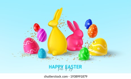 Happy Easter holiday banner. Color eggs with Easter decoration, rabbits and golden confetti. Vector illustration with 3d decorative objects. Holiday spring poster, card, cover, flyer.