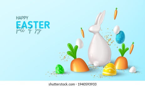 Cartel de Feliz Fiesta de Pascua. Huevos a color con decoración de Semana Santa, conejo de porcelana, huevos blancos, zanahorias y confiti dorado sobre fondo azul. Ilustración vectorial con objetos decorativos 3d.