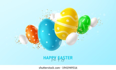 Happy Easter holiday banner. Color eggs with Easter decoration, white eggs and golden confetti on blue background. Vector illustration with 3d decorative objects.