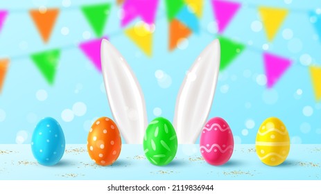 Happy Easter holiday banner. Color eggs with Easter decoration, ears of rabbit or bunny, golden confetti and garland on blue background. Vector illustration with 3d decorative objects.