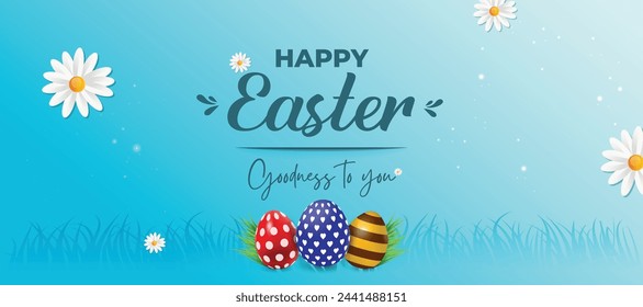 Happy Easter Holiday Banner with colorful eggs on field. Vector Illustration background template.