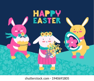 Happy Easter! Holiday banner with a congratulatory text. Cute bunnys and hares with Easter eggs, cake and a bouquet of flowers on dark background. Hand drawn vector illustration. Spring Festival