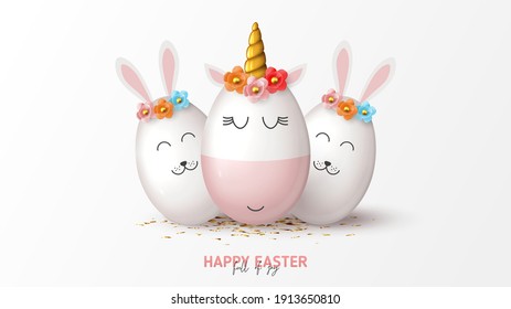 Happy Easter holiday banner. Cute unicorn and rabbits from eggs with color flowers, gold confetti. Vector illustration with 3d decorative objects for Easter design. Greeting card.