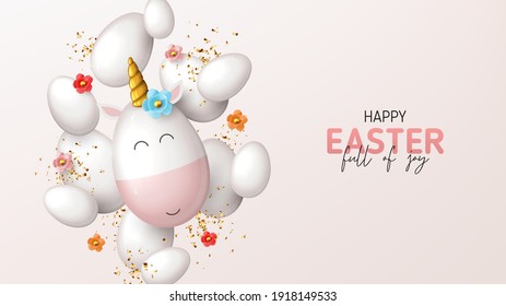 Happy Easter holiday banner. Cute unicorn from egg with gold horn, white eggs, color flowers and gold confetti. Vector illustration with 3d decorative objects for Easter design. Greeting card.