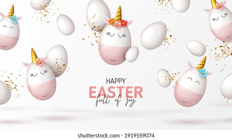 Happy Easter holiday banner. Cute unicorns from eggs with gold horns, white eggs and gold confetti. Vector illustration with 3d decorative objects for Easter design. Greeting banner.