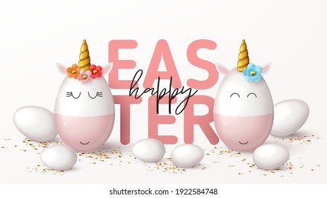 Happy Easter holiday banner. Cute unicorns from eggs with gold horns, white eggs, carrots and gold confetti. Vector illustration with 3d decorative objects for Easter design.