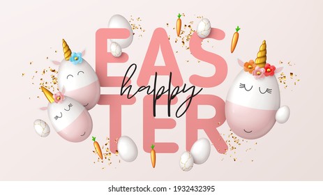 Happy Easter holiday banner. Cute unicorns from eggs with gold horns, carrots, white eggs and gold confetti. Vector illustration with 3d decorative objects for Easter design. Greeting banner.