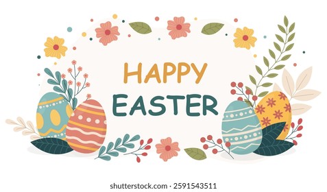 Happy Easter holiday banner. Design with Easter eggs and floral accents. Vector illustration