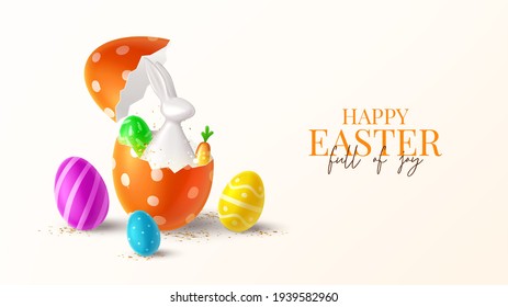 Happy Easter holiday banner. Festive background with color eggs with Easter decoration, porcelain rabbit in broken egg and golden confetti. Vector illustration with 3d decorative objects.