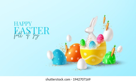 Happy Easter holiday banner. Festive background with white and color eggs with Easter decoration, porcelain rabbit in broken egg, carrots and golden confetti. Vector illustration.
