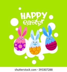 Happy Easter Holiday Banner Group Rabbit Bunny Painted Eggs Colorful Greeting Card Flat Vector Illustration