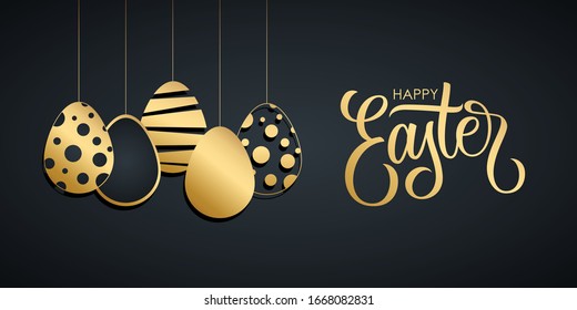 Happy Easter holiday banner with handwritten easter greetings and hanging gold colored easter eggs. Vector illustration.