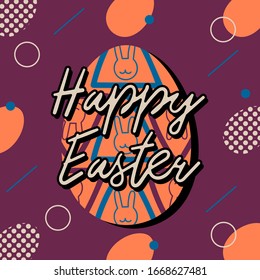 Happy Easter holiday banner with handwritten easter greetings and retro design easter eggs. Vector illustration.