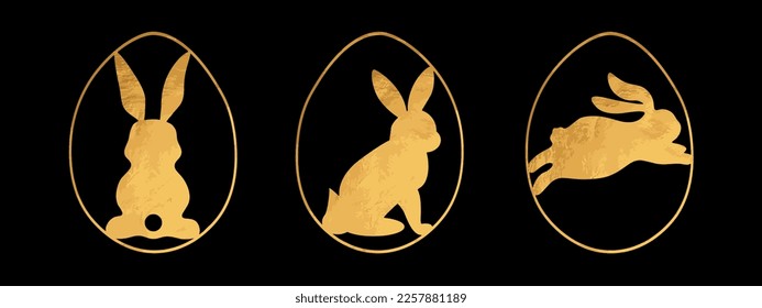 Happy Easter holiday banner illustration vector - Symbol cartoon set of black golden silhouette of easter egg and easter bunny isolated on black background