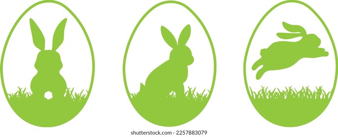Happy Easter holiday banner illustration vector - Symbol cartoon set of green silhouette of easter egg and easter bunny isolated on white background