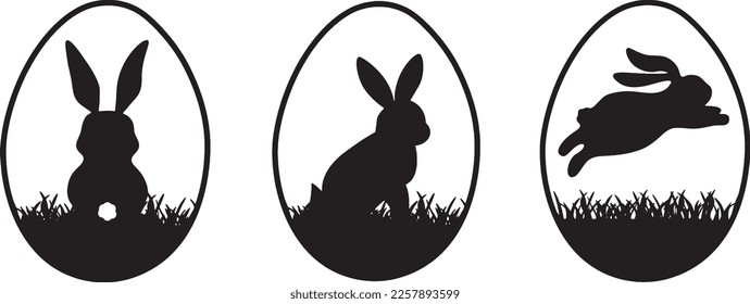 Happy Easter holiday banner illustration vector - Symbol cartoon set of black silhouette of easter egg and easter bunny isolated on white background