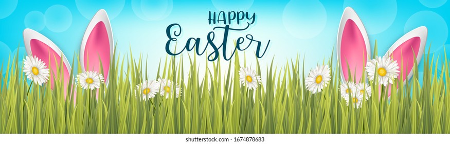 Happy Easter holiday banner or newsletter header. Colorful eggs in grass with flowers and bunny ears. Vector illustration with lettering.