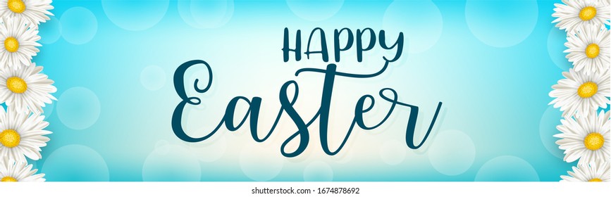 Happy Easter holiday banner or newsletter header. Spring flowers. Vector illustration with lettering.