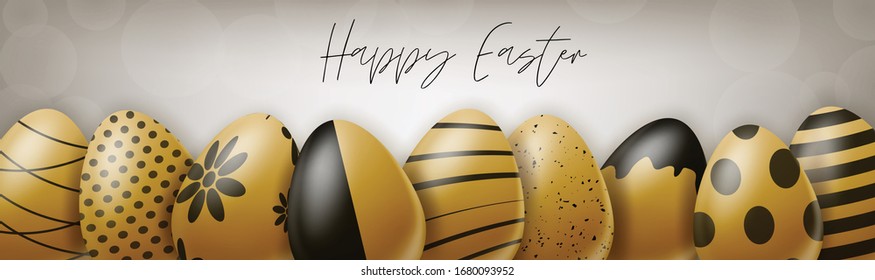 Happy Easter holiday banner or newsletter header. Golden eggs set width black ornament. Vector illustration with lettering.