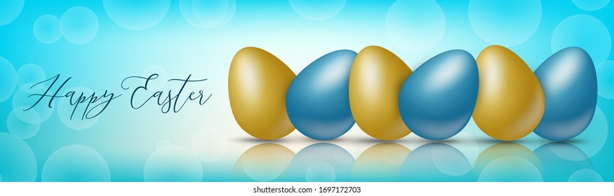Happy Easter holiday banner or newsletter header. Colorful eggs on glass surface and blue background. Vector illustration with lettering.