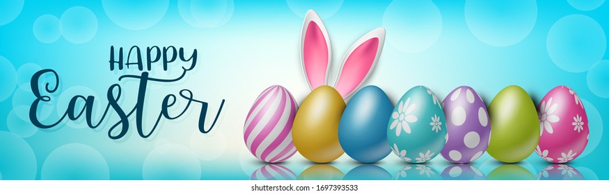 Happy Easter holiday banner or newsletter header. Colorful eggs on glass surface and blue background. Vector illustration with lettering.