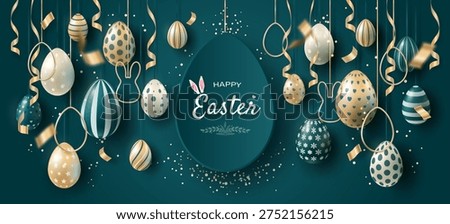 Happy Easter holiday banner on a dark blue background, with painted eggs in gold, white and green colors, suspended on golden ribbons, with rabbit silhouettes and golden confetti. Design for Easter