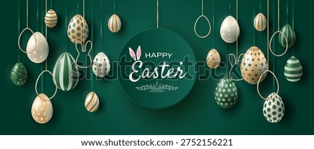 Happy Easter holiday banner on a dark green background, with painted eggs in gold, white and green colors, suspended on golden ribbons. Design for Easter cards, social media posts or decorative