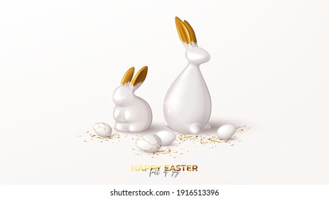 Cartel de Feliz Fiesta de Pascua. Conejo de porcelana y conejo con orejas doradas, huevos blancos y confeti dorado. Ilustración vectorial con objeto decorativo 3d. Tarjeta de felicitación.