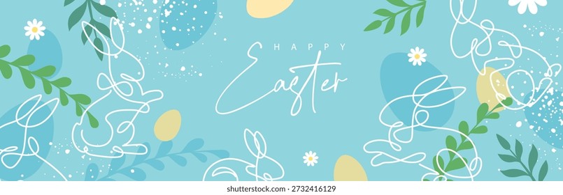 Fröhliche Osterfeiertage Banner mit Kaninchen Linie Kunst Silhouetten, Eier und Weiden Zweige und Blumen. Vektorgrafik