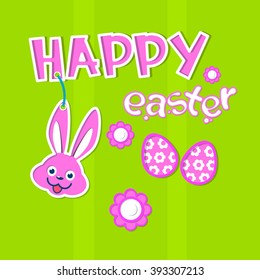 Happy Easter Holiday Banner Rabbit Bunny Painted Eggs Colorful Greeting Card Flat Vector Illustration