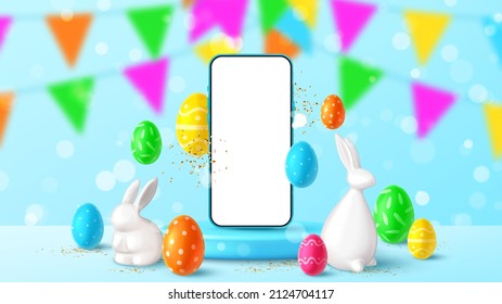 Happy Easter holiday banner. Easter banner with smartphone on podium, eggs, rabbit, bunny, golden confetti and garland on blue background. Vector illustration with 3d decorative objects.