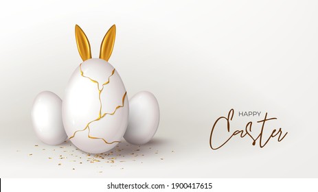 Happy Easter holiday banner template. White eggs with gold liquid and golden ears of rabbit. Vector illustration with 3d decorative objects. Greeting card with gold confetti.