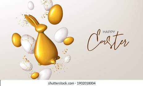 Happy Easter holiday banner template. Festive background with gold rabbi, white and golden eggs and confetti. Vector illustration with 3d decorative object. Greeting card.