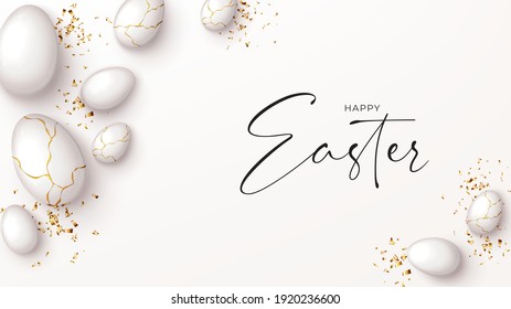 Happy Easter holiday banner. Top view on white eggs with golden liquid and golden confetti. Vector illustration with 3d decorative objects. Greeting banner.